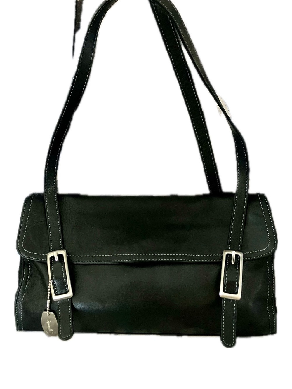 Tignanello Black Leather Shoulder Bag with Silver Buckles